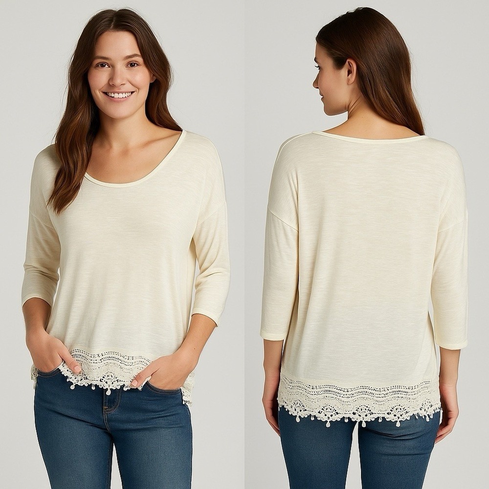 Ivory Crochet Lace Trim Long Sleeve Blouse Boho Peasant Top Women's Size M